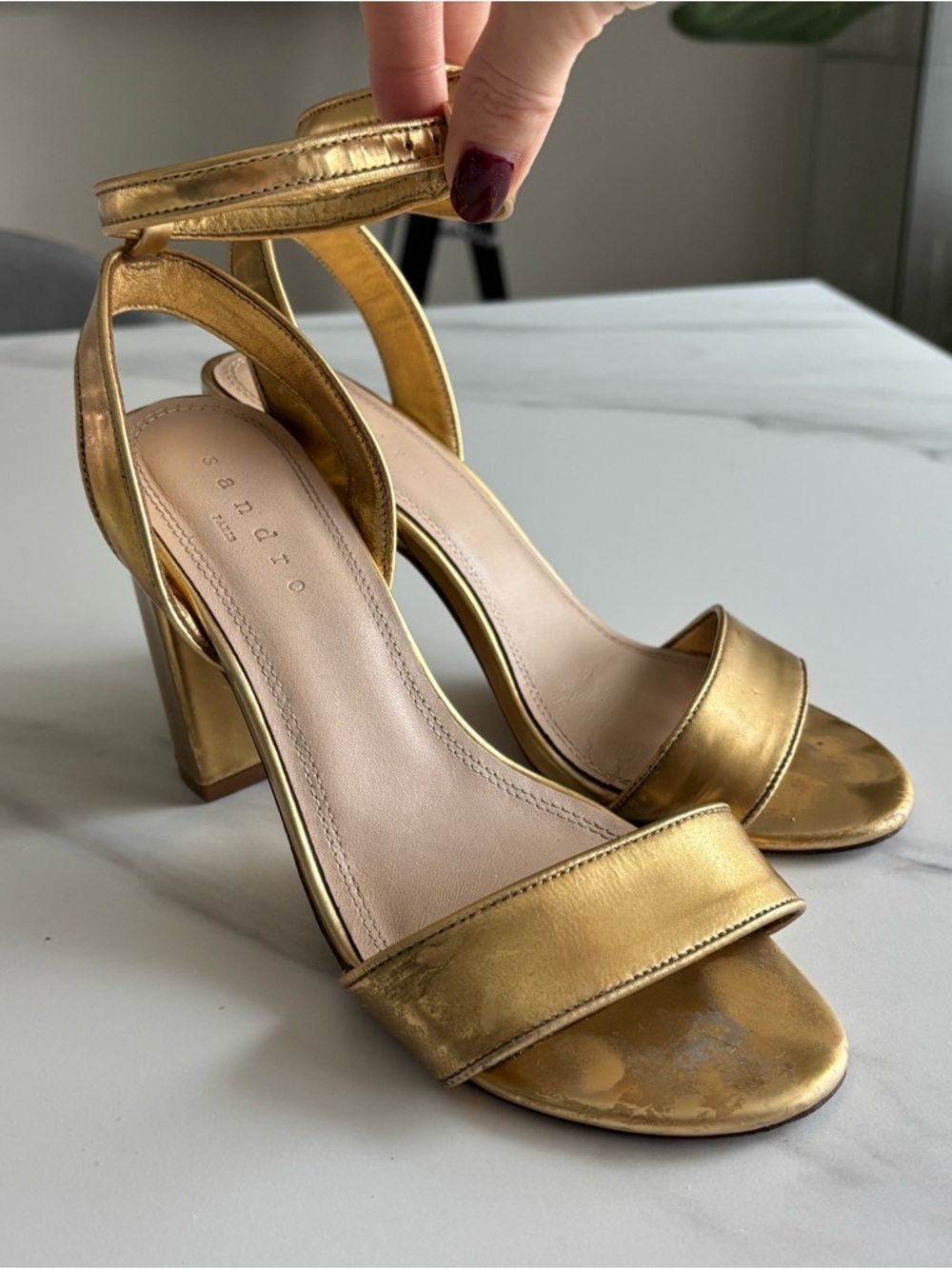 Sandro Metallic Gold Ankle-Strap Block Heel Sandals Sz 37